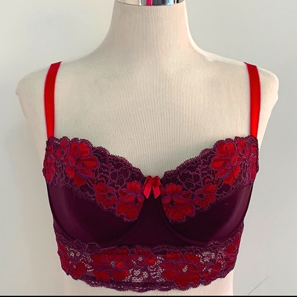 🥀🎀 Adore Me Sexy Retro Lacy Red Bra / Brami w Cute Bow 32DD 🎀🥀
